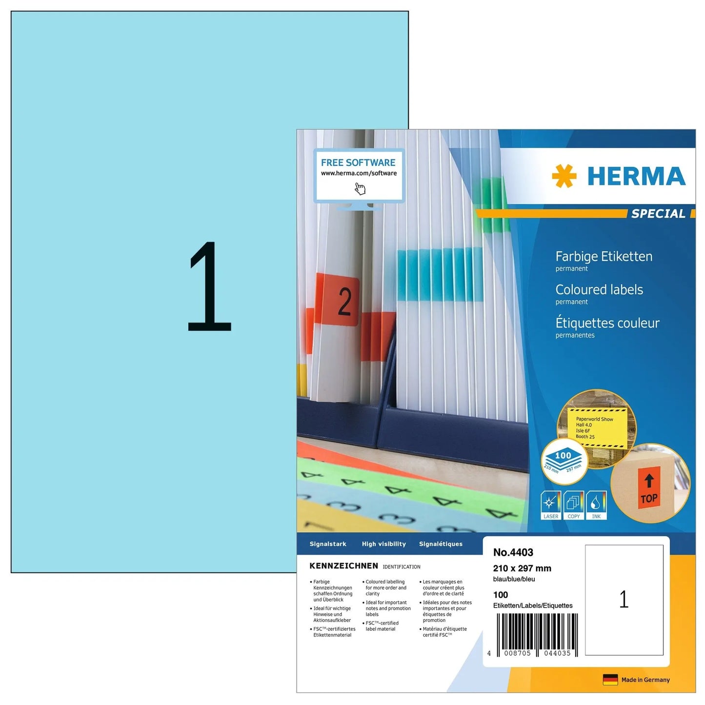 HERMA Etiketten SPECIAL 210x297mm 4403 blau,perm. 100 St./100 Bl. Idealshop
