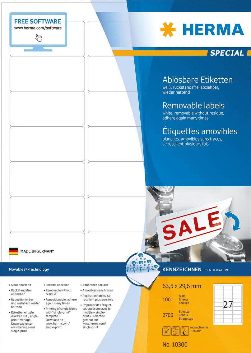 HERMA Etiketten SPECIAL 63.5x29.6mm 10300 weiss,non-perm. 2700St./100Bl. Idealshop