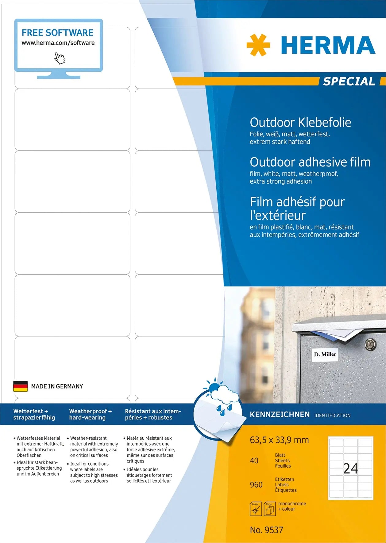 HERMA Folienetiketten 63,5x33,9mm 9537 weiss,PP matt 960 Stk./40 Bl. Idealshop