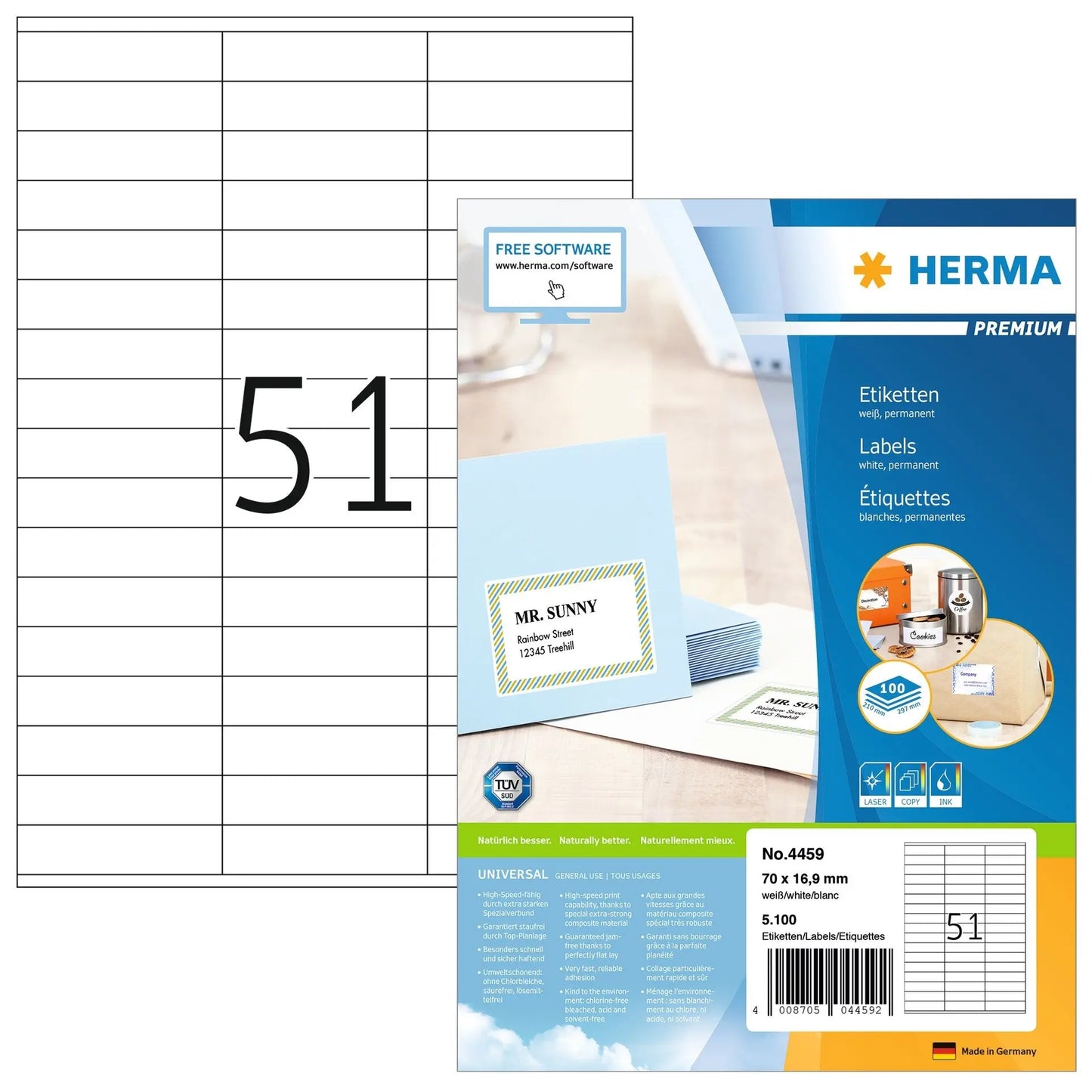 HERMA Universal-Etiketten 70x16,9mm 4459 weiss 5100 St./100 Blatt Idealshop