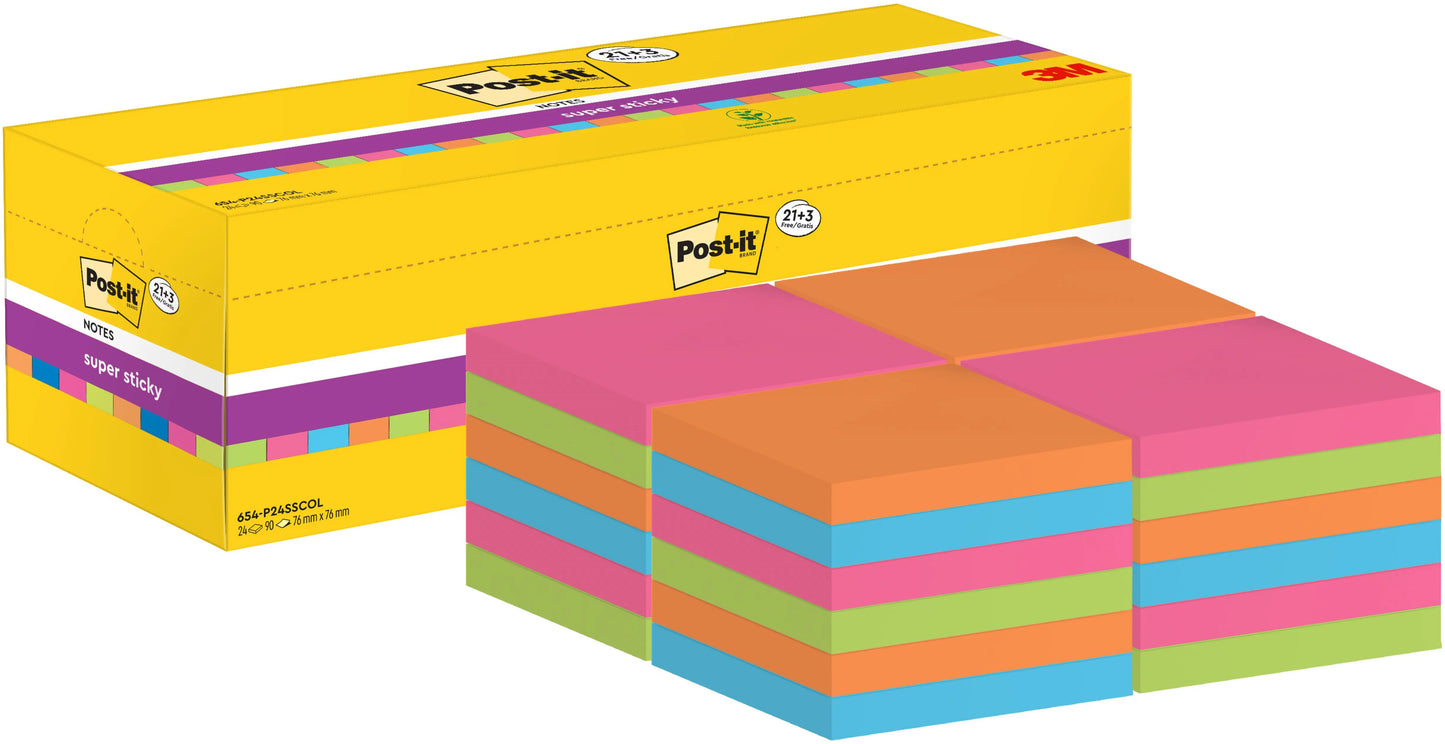 POST-IT Super Sticky Notes 76x76mm 654SE24 24 Farben 24 x 90 Blatt Idealshop