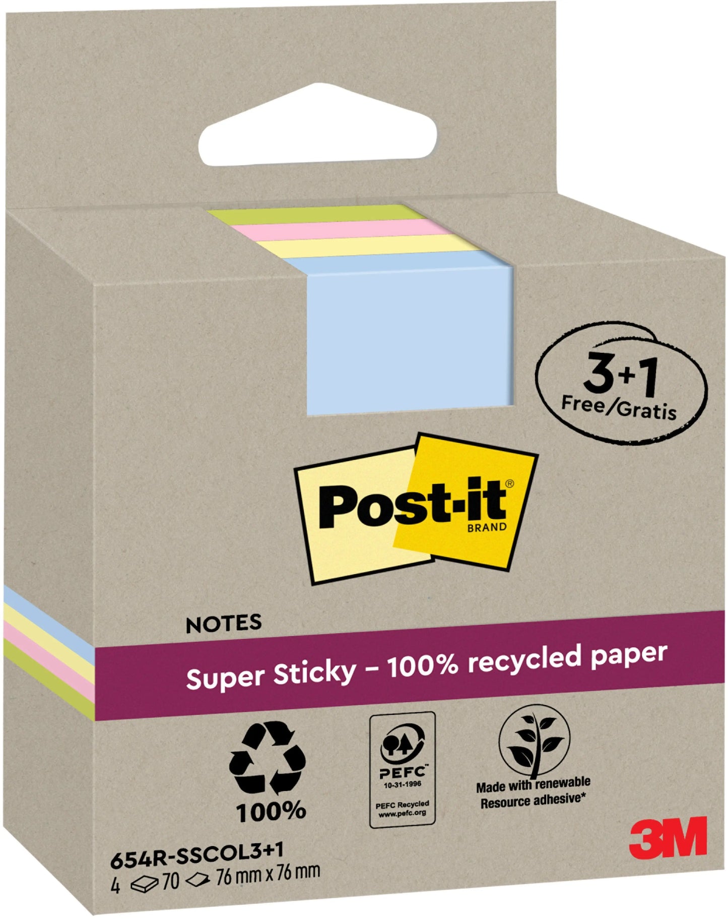 POST-IT SuperSticky Notes 76x76mm 654 RSSCOL 3+1F Recycling,assort. 4x70 Blatt Idealshop