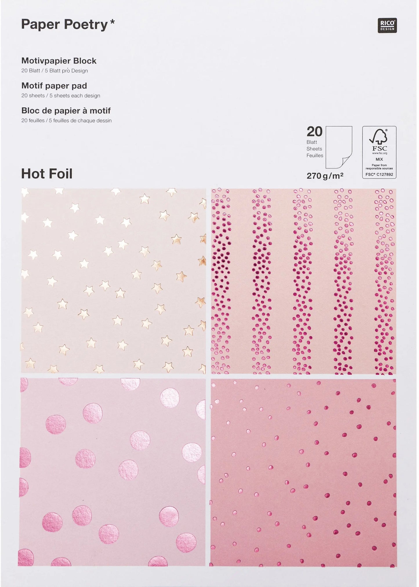 RICO DESIGN Motivpapierblock Hot Foil 99001.50.53 270g, Beere Mix,10 Blatt Idealshop