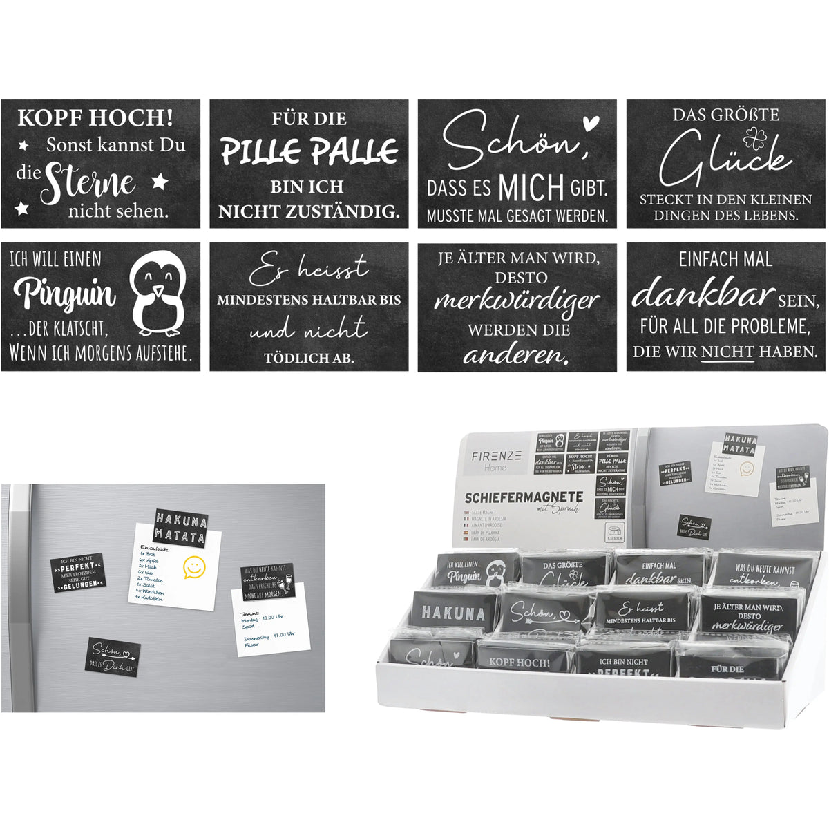 ROOST Magnete Schiefer mit Spruch 10039650 12-fach assortiert Idealshop