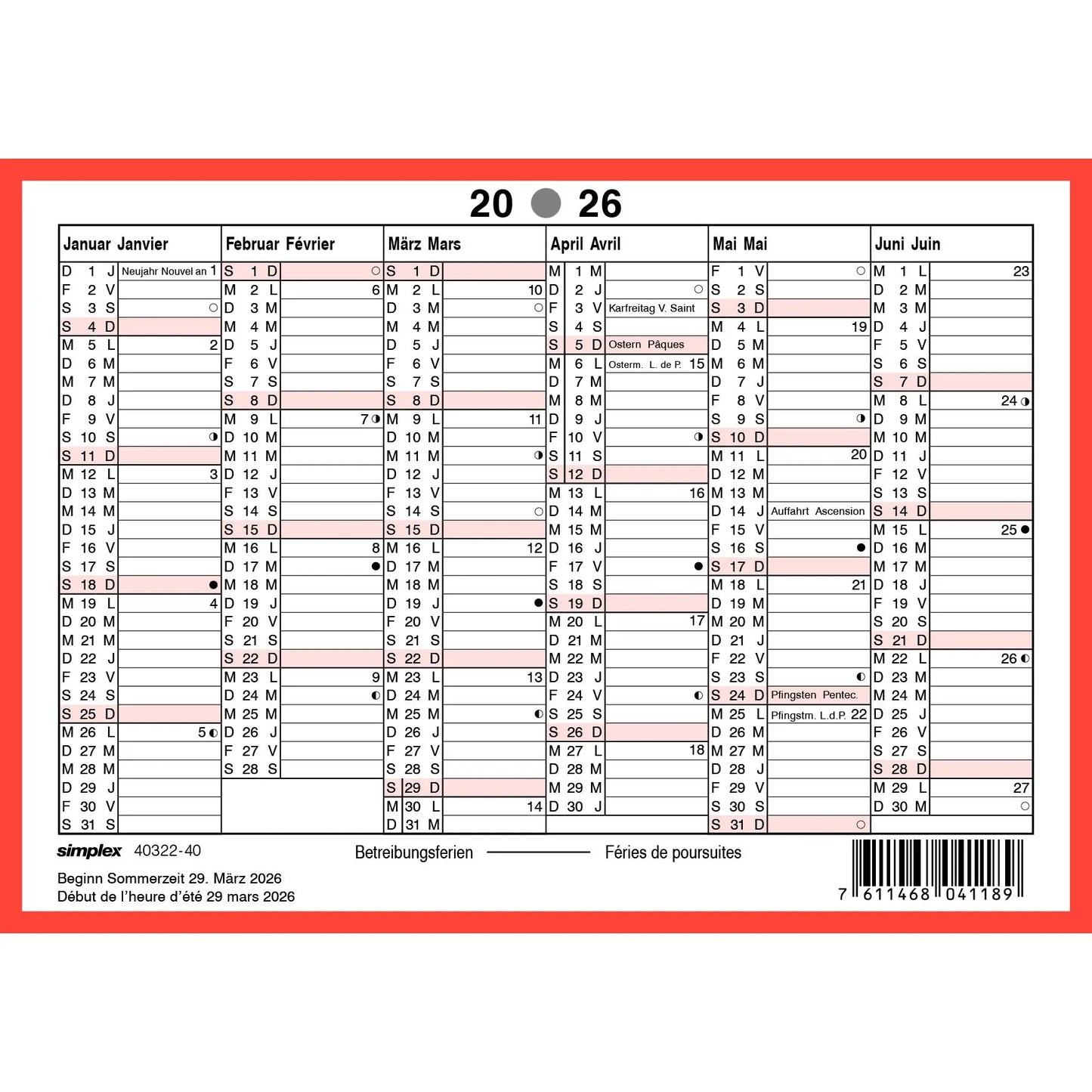 SIMPLEX Wandkalender 2026 4032240.26 6M/1S rot/weiss DE/FR A6 quer Idealshop