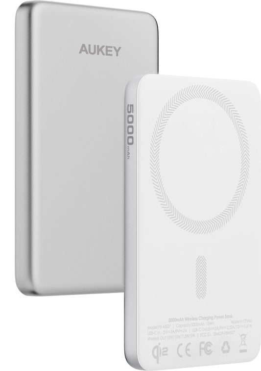 AUKEY MagFusion Slim 5000mAh PB-MS07 SW Powerbank Qi2 Wireless,White Idealshop