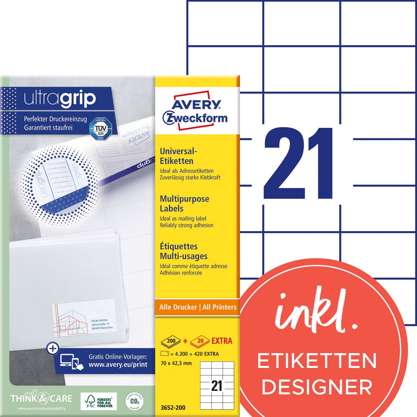 AVERY ZWECKFORM Etiketten 70x42,3mm 3652-200 weiss 4620 Stk./200+20 Blatt Idealshop