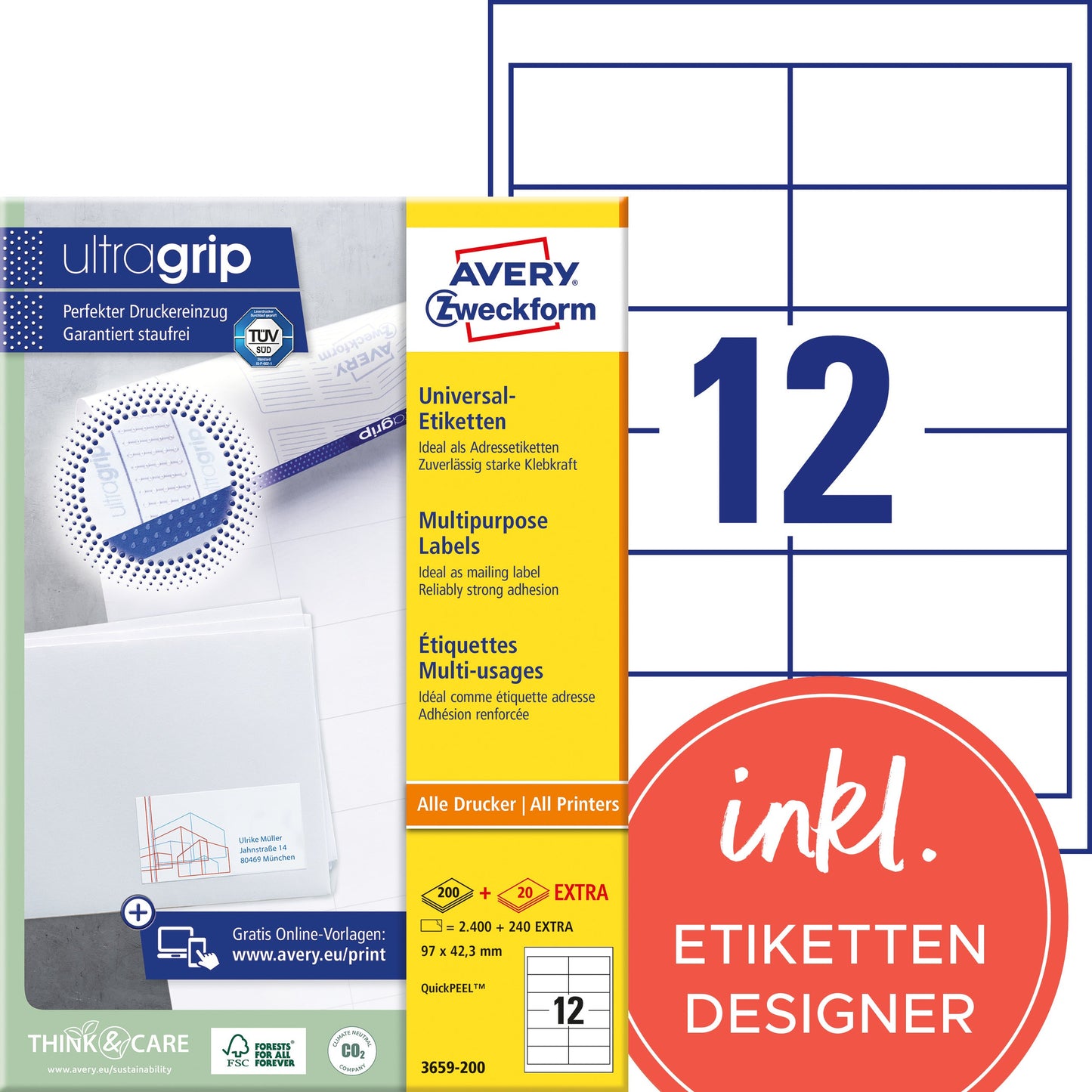 AVERY ZWECKFORM Etiketten 97x42,3mm 3659-200 weiss 2640 Stk./200+20 Blatt Idealshop