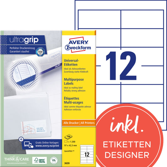 AVERY ZWECKFORM Universal-Etiketten 97x42.3mm 3659 weiss 1200 Stk./100 Blatt Idealshop