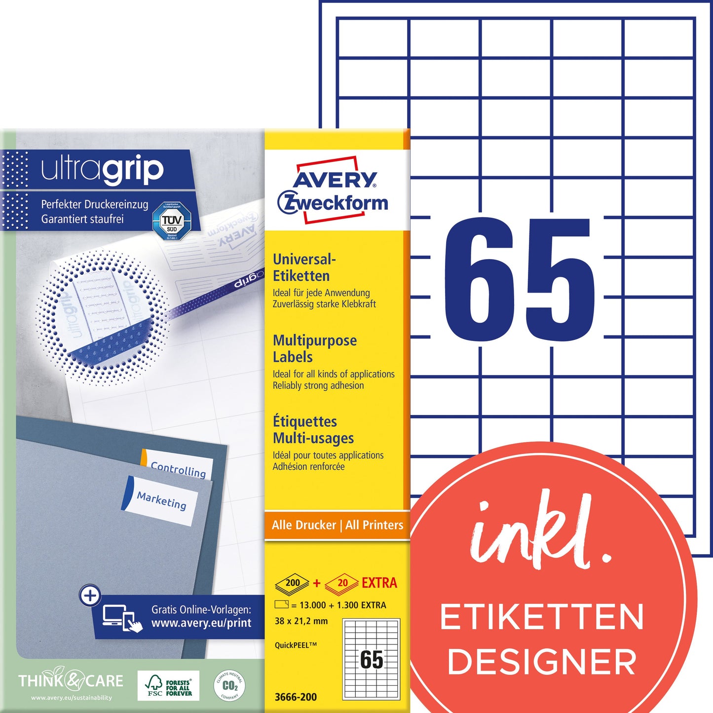 AVERY ZWECKFORM Etiketten 38x21,2mm 3666-200 weiss 14300 Stk./200+20 Blatt Idealshop