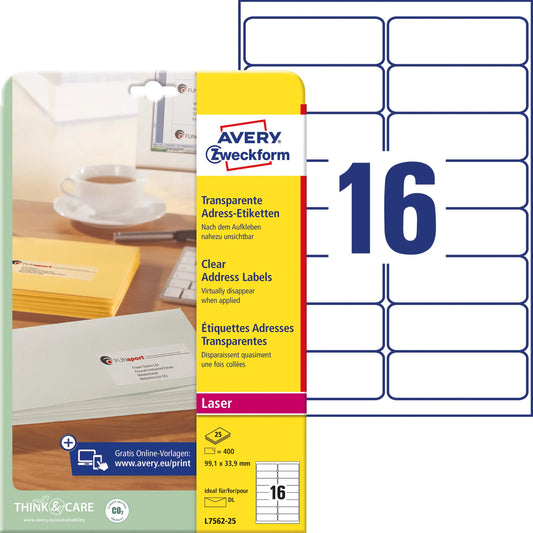 AVERY ZWECKFORM Adress-Etik. Laser 99,1x33,9mm L7562-25 transparent 400 St./16 Blatt Idealshop
