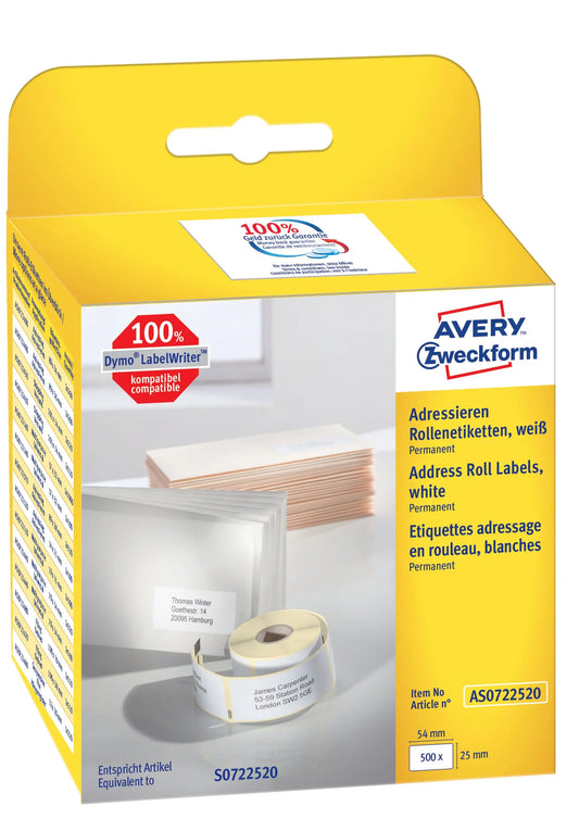 AVERY ZWECKFORM Adress-Etiketten 54x25mm AS0722520 weiss, Rolle 500 Stück Idealshop