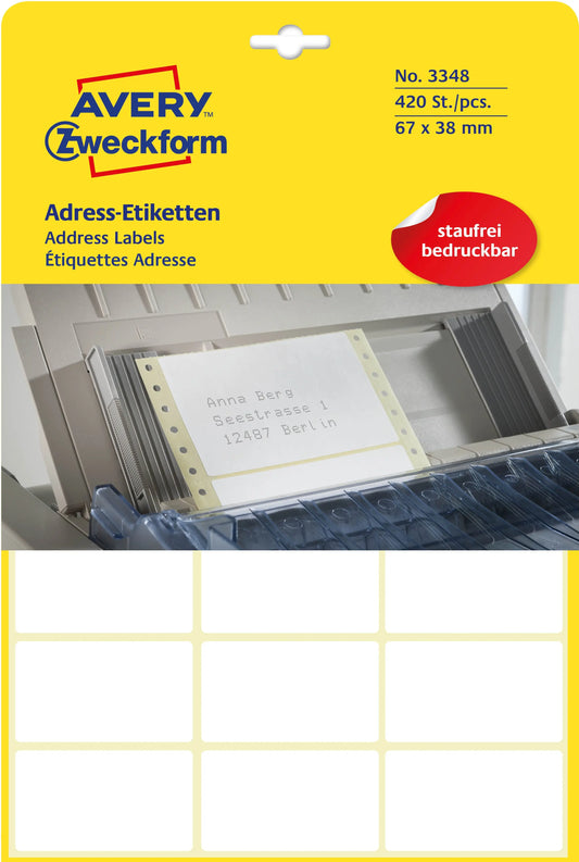 AVERY ZWECKFORM Adress-Etiketten 67x38mm 3348 weiss, permanent 20Bl./21Stk. Idealshop