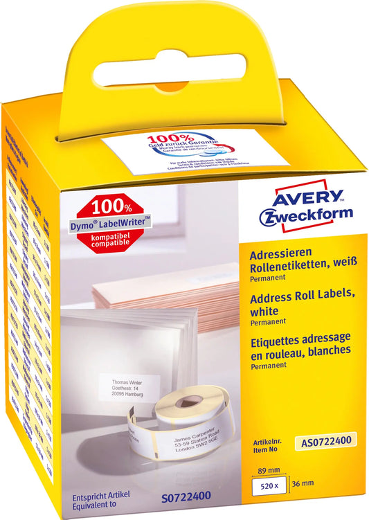 AVERY ZWECKFORM Adress-Etiketten 89x36mm AS0722400 weiss, Rolle 2x260 Stück Idealshop