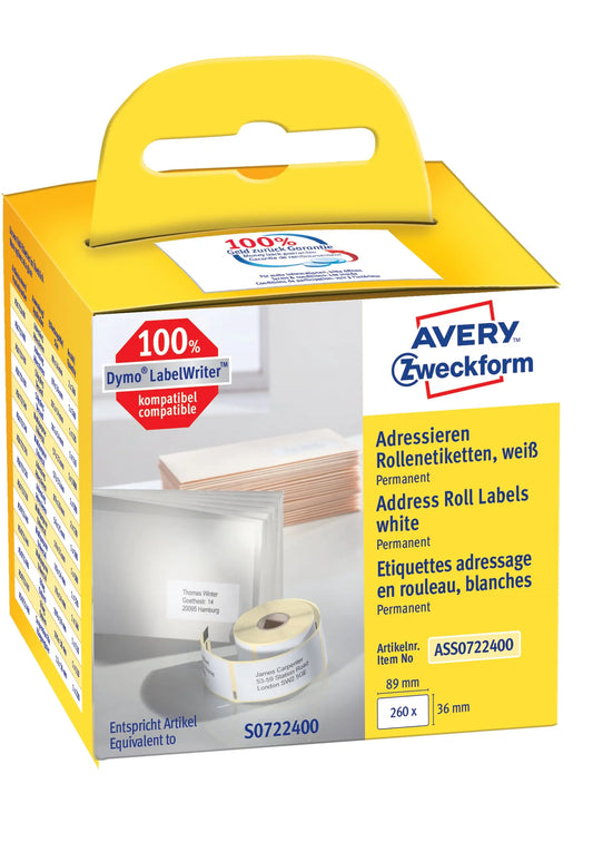 AVERY ZWECKFORM Adress-Etiketten 89x36mm ASS0722400 weiss, Rolle 260 Stück Idealshop