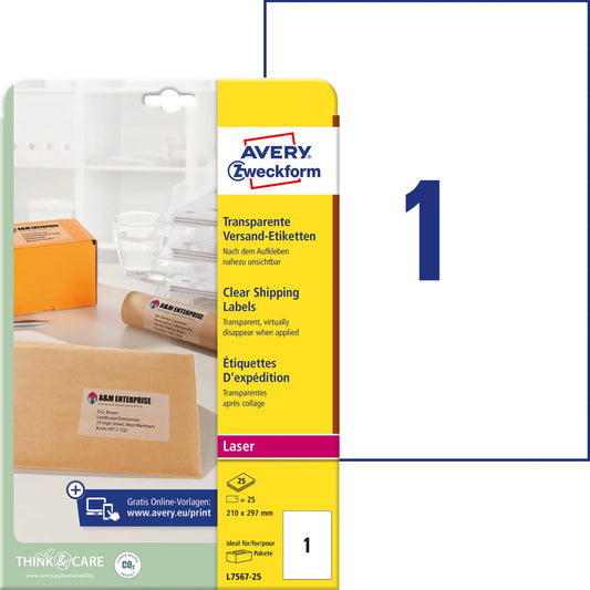 AVERY ZWECKFORM Adressetiketten 210x297mm L7567-25 Laser, transp. 25Stk./25Bl. Idealshop