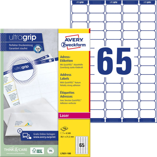 AVERY ZWECKFORM Adressetiketten 38,1x21,2mm L7651-100 weiss 6500 Stk./100 Blatt Idealshop