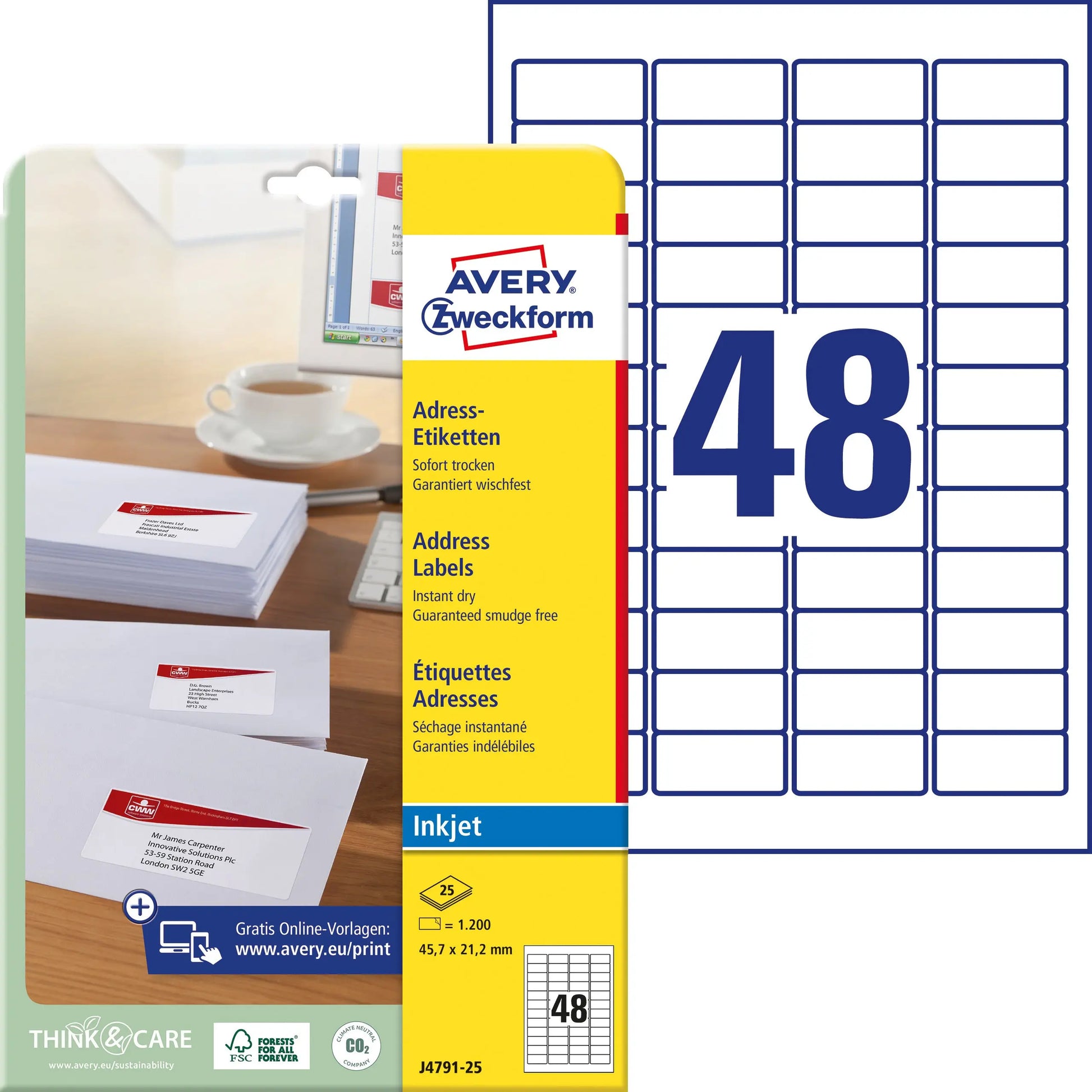 AVERY ZWECKFORM Adressetiketten 45,7x21,2mm J4791-25 InkJet, weiss 1200 Stk./25 Bl. Idealshop