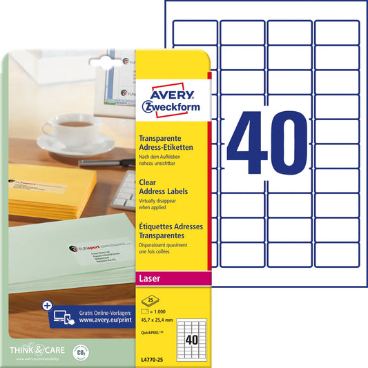 AVERY ZWECKFORM Adressetiketten 45,7x25,4mm L4770-25 Laser, transp. 1000Stk./25Bl. Idealshop