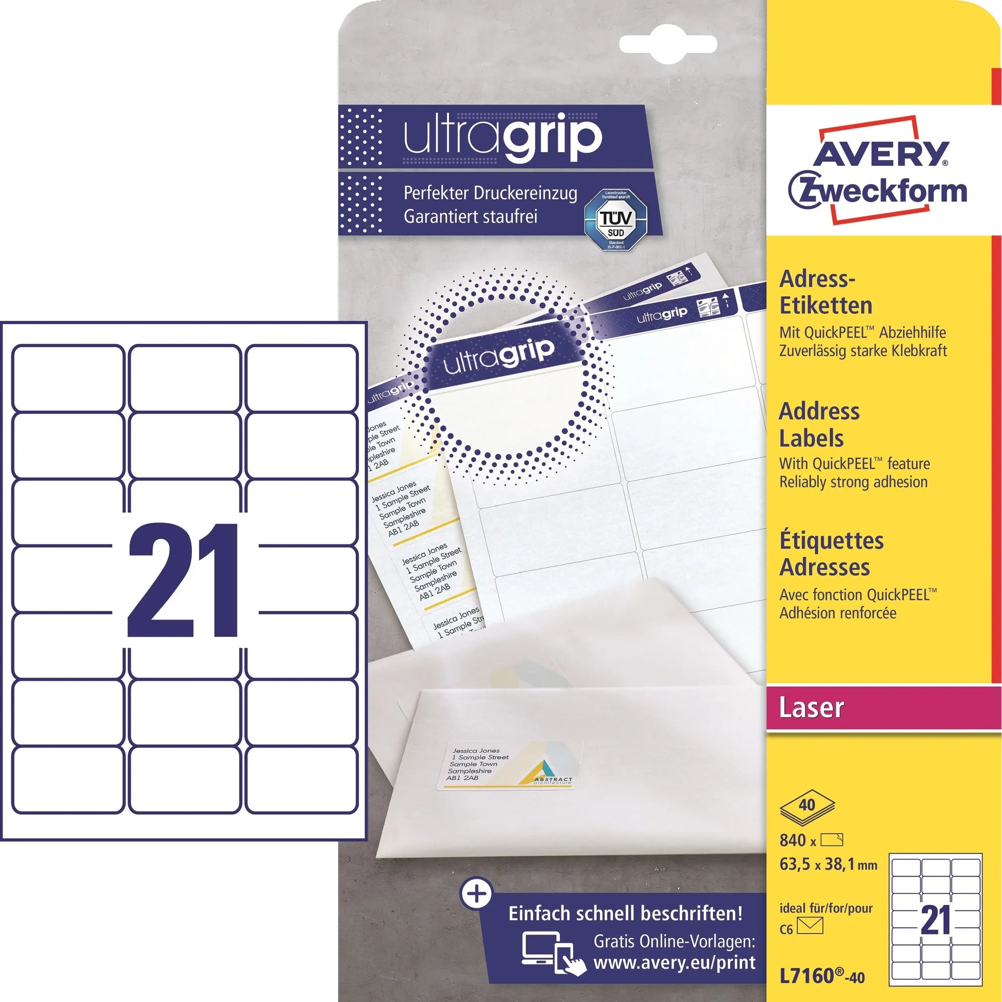 AVERY ZWECKFORM Adressetiketten 63.5x38.1mm L7160-40 weiss 840 Stk./40 Blatt Idealshop