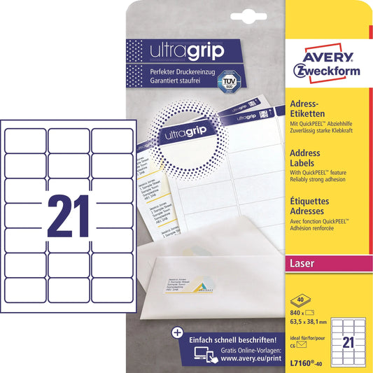AVERY ZWECKFORM Adressetiketten 63.5x38.1mm L7160-40 weiss 840 Stk./40 Blatt Idealshop