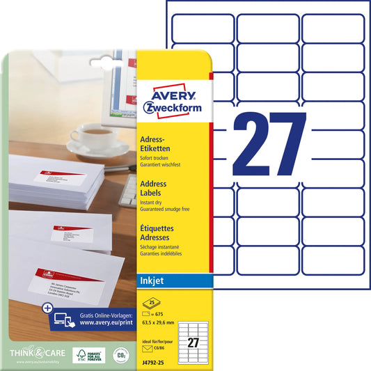AVERY ZWECKFORM Adressetiketten 63,5x29,6mm J4792-25 InkJet, weiss 675 Stk./25 Bl. Idealshop