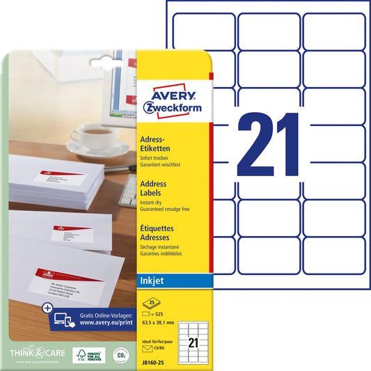 AVERY ZWECKFORM Adressetiketten 63,5x38,1mm J8160-25 weiss 525 Stück Idealshop