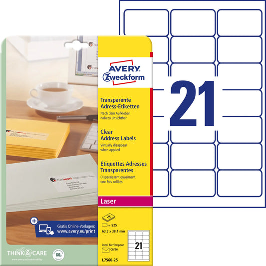 AVERY ZWECKFORM Adressetiketten 63,5x38,1mm L7560-25 525 Stück Idealshop