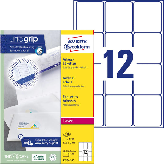 AVERY ZWECKFORM Adressetiketten 63,5x72mm 7164-100 weiss 1200 Stk./100 Blatt Idealshop