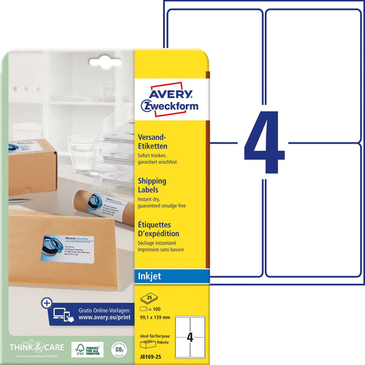 AVERY ZWECKFORM Adressetiketten 99,1x139mm J8169-25 weiss 100 Stück Idealshop