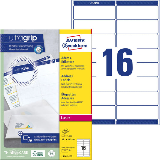 AVERY ZWECKFORM Adressetiketten 99,1x33,9mm L7162-100 weiss 1600 Stk./100 Blatt Idealshop