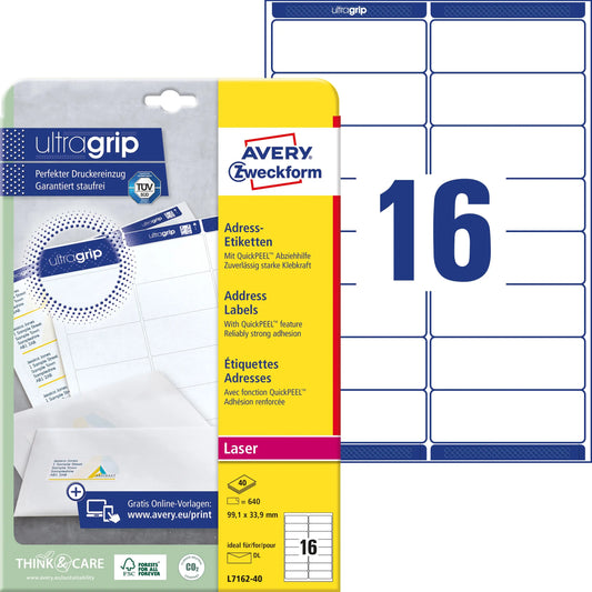 AVERY ZWECKFORM Adressetiketten 99,1x33,9mm L7162-40 weiss 640 Stk./40 Blatt Idealshop