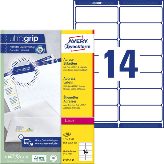 AVERY ZWECKFORM Adressetiketten 99,1x38,1mm L7163-250 weiss 3500 Stk./250 Blatt Idealshop