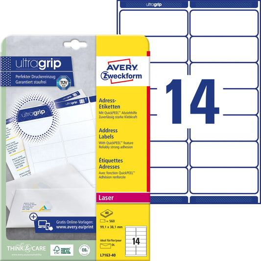 AVERY ZWECKFORM Adressetiketten 99,1x38,1mm L7163-40 weiss 560 Stk./40 Blatt Idealshop