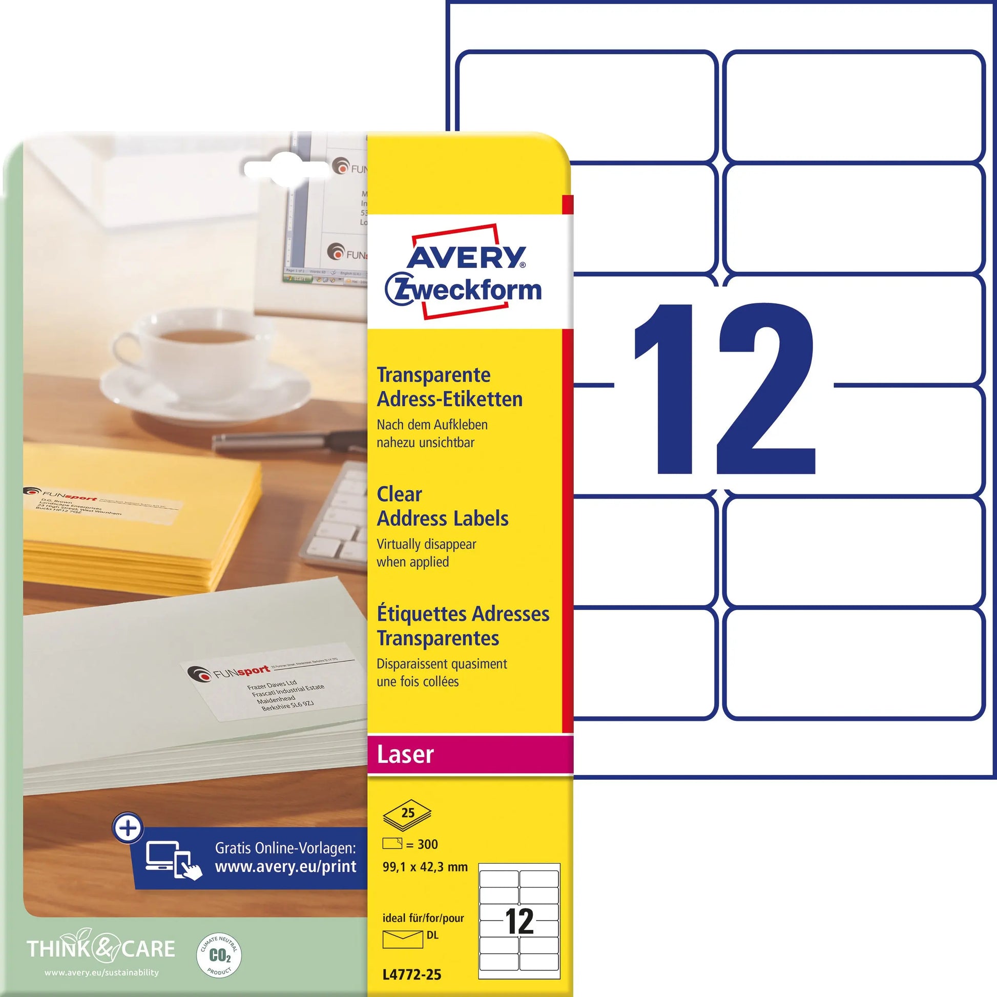 AVERY ZWECKFORM Adressetiketten 99,1x42,3mm L4772-25 Laser, transp. 300Stk./25Bl. Idealshop