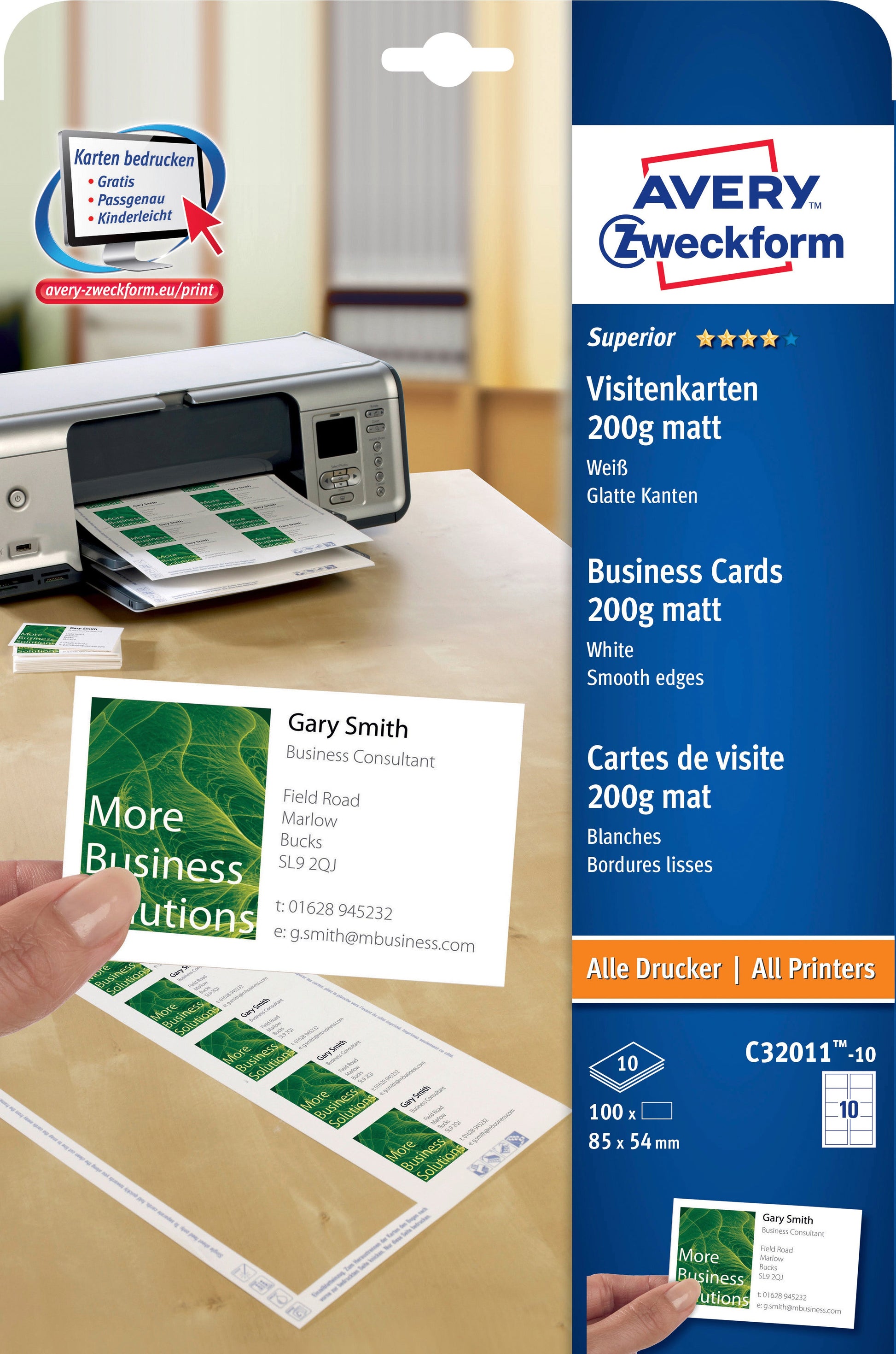 AVERY ZWECKFORM Visitenkarten matt 85x54mm C32011-10 Univer.200g,weiss 10Bl./10Stk. Idealshop