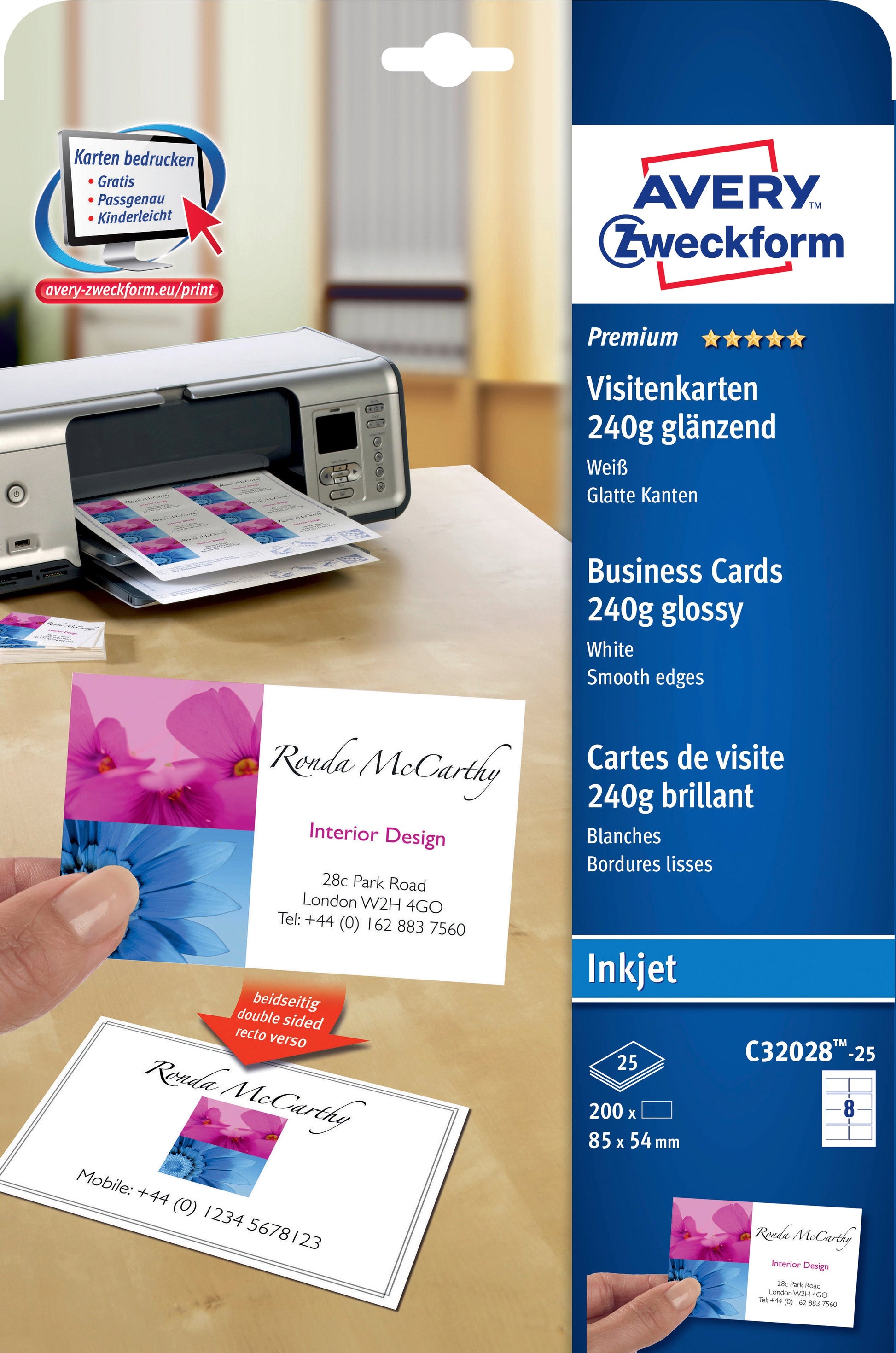 AVERY ZWECKFORM Visitenkarten 85x54mm/A4 C32028-25 weiss, glossy, 250g 200 Stück Idealshop