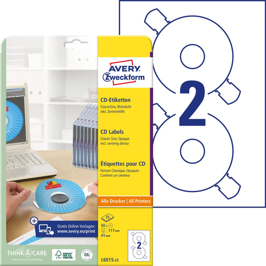 AVERY ZWECKFORM CD-Etiketten 117mm L6015-25 Universal, weiss 25Bl./2Stk. Idealshop