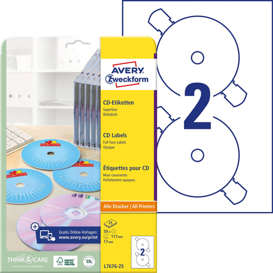 AVERY ZWECKFORM CD-Etiketten SuperSize 117mm L7676-25 weiss, permanent 25x2 Stk. Idealshop