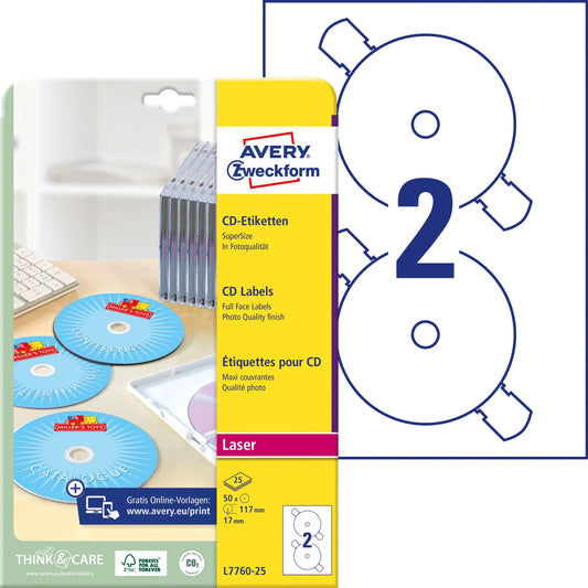 AVERY ZWECKFORM CD-Etiketten Supersize 117mm L7760-25 weiss, glossy 50 Stück Idealshop