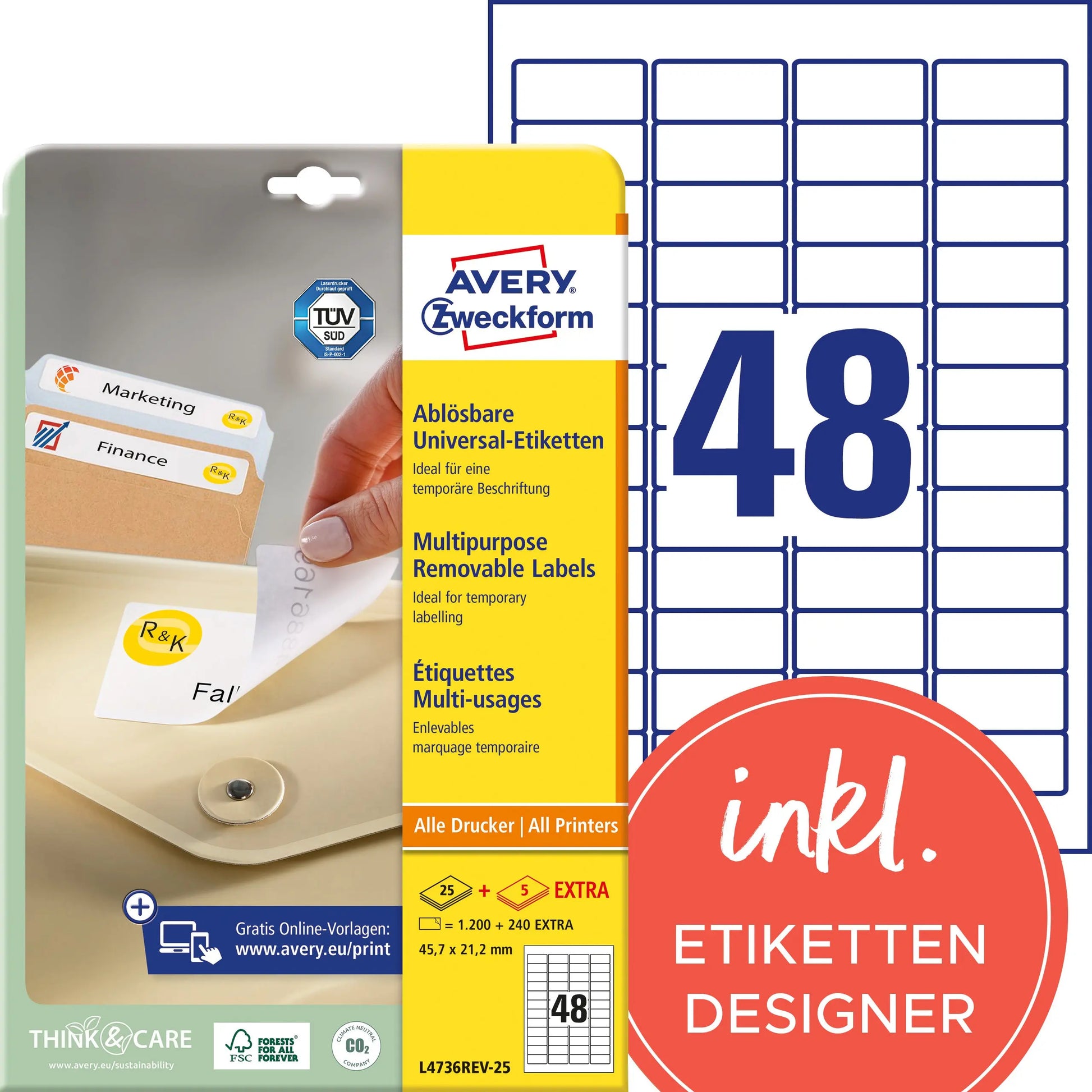 AVERY ZWECKFORM Etikett.Stick&Lift 45.7x21.2mm L4736REV-25 weiss 1440 Stk./25 + 5 Blatt Idealshop