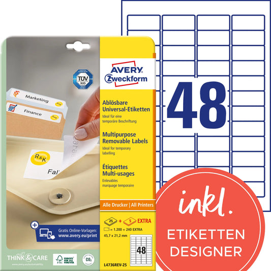 AVERY ZWECKFORM Etikett.Stick&Lift 45.7x21.2mm L4736REV-25 weiss 1440 Stk./25 + 5 Blatt Idealshop