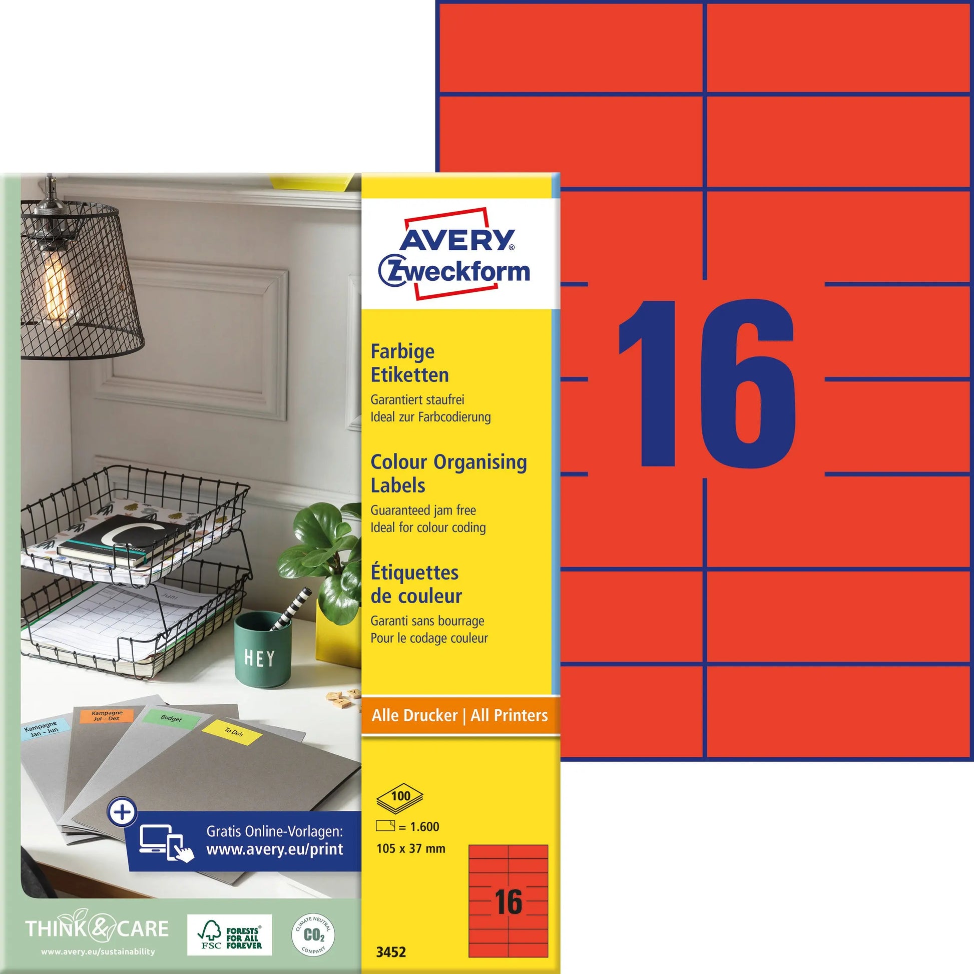 AVERY ZWECKFORM Etiketten 105×37mm 3452 rot 1600 Stück Idealshop