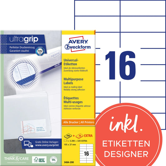 AVERY ZWECKFORM Etiketten 105×37mm 3484-200 weiss 3520 Stk./200+20 Blatt Idealshop