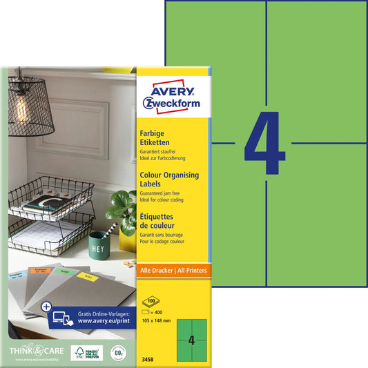 AVERY ZWECKFORM Etiketten 105x148mm 3458 Universal, grün 100Bl.4St. Idealshop