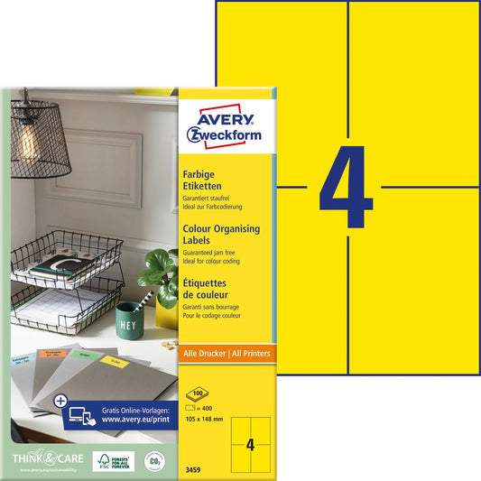 AVERY ZWECKFORM Etiketten 105x148mm 3459 Universal, gelb 100Bl./400St. Idealshop