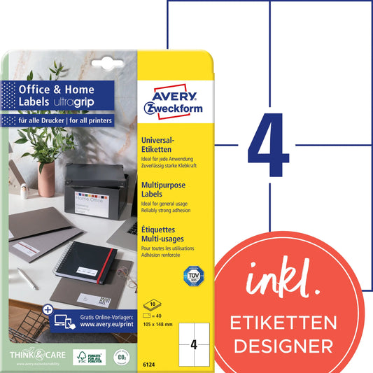 AVERY ZWECKFORM Etiketten 105x148mm 6124 weiss 40 Stk./10 Blatt Idealshop