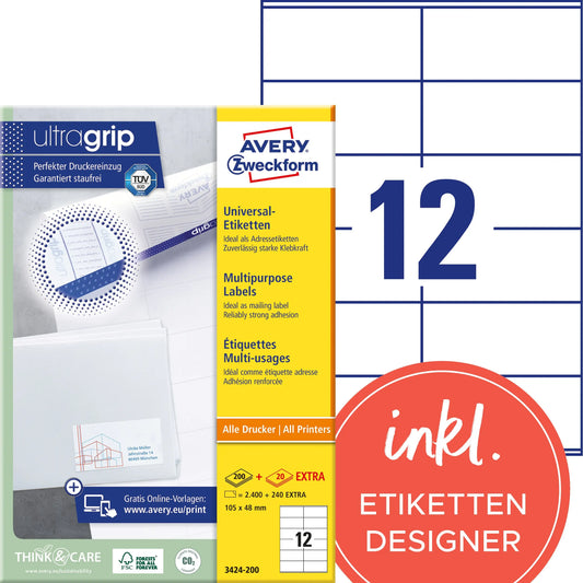 AVERY ZWECKFORM Etiketten 105x48mm 3424-200 weiss 2640 Stk./200+20 Blatt Idealshop