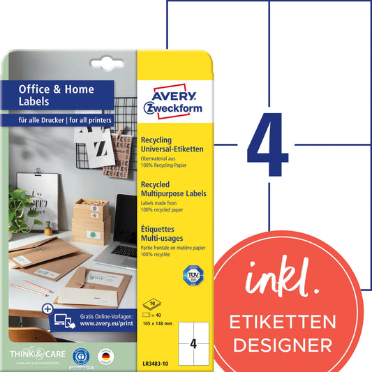 AVERY ZWECKFORM Etiketten 148x105mm LR3483-10 weiss, perm. 10 Blatt/4 Stk. Idealshop