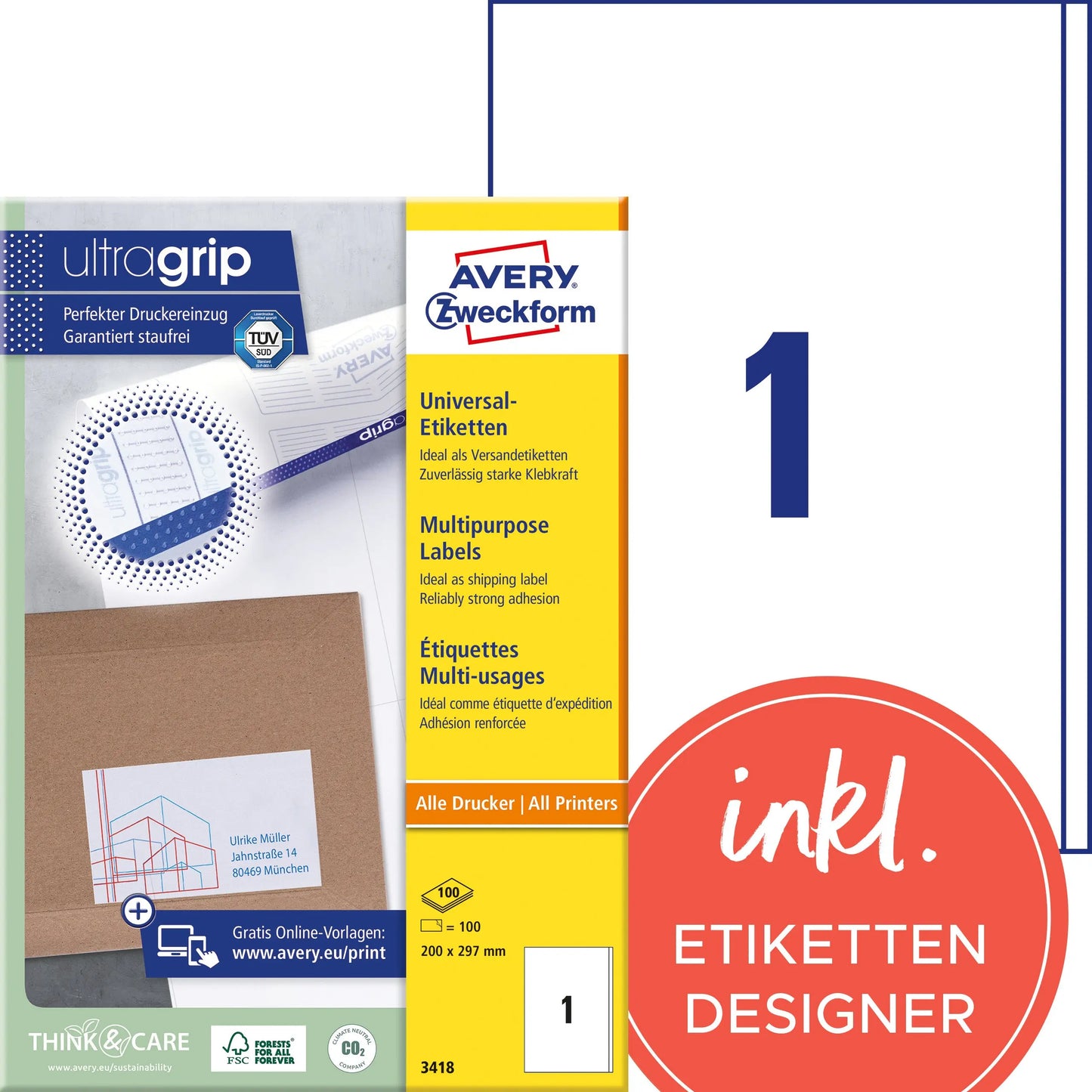 AVERY ZWECKFORM Etiketten 200x297mm 3418 weiss 100 Stk./100 Blatt Idealshop